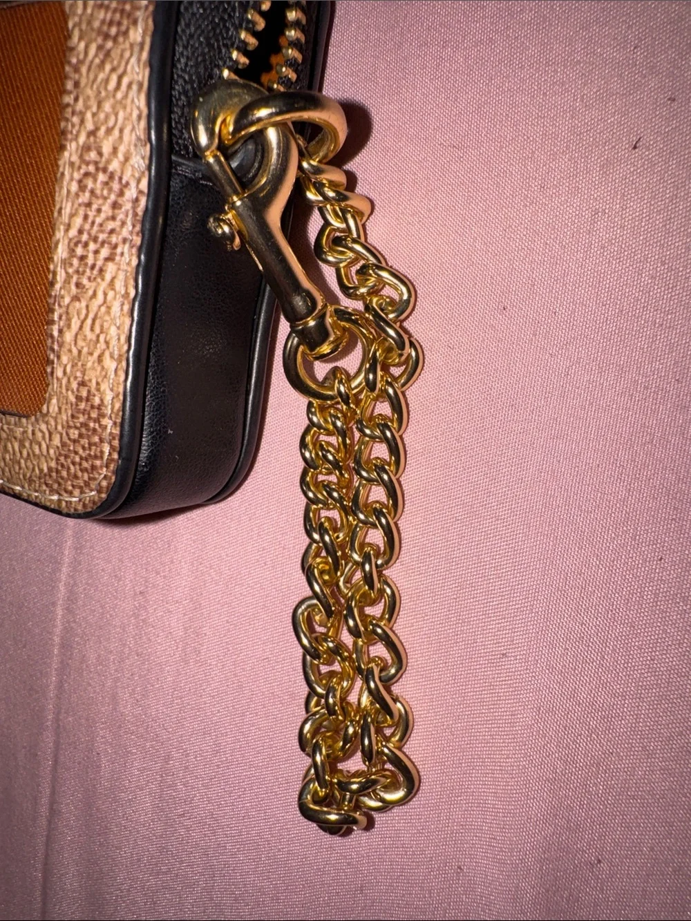 Coach Brown Signature Card Holder with Black Trim and Gold Chain